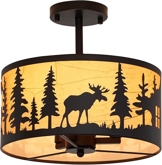 Rustic 3-Light Semi-Flush Mount Ceiling Light Fixtures, E12 Base Black Round Farmhouse Metal Light Fixtures for Kitchen, Hallway, Living Room, Industrial Style with Deer, Bear, Tree Design- Lampshade