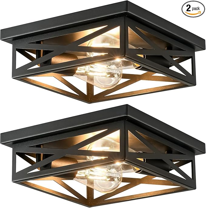 Black Flush Mount Ceiling Light Fixtures, 2-Pack Farmhouse Metal Cross Cage Semi Flush Mount Ceiling Light, 11 Inch Industrial Square Close to Ceiling Light for House Indoor Hallway Kitchen Bedroom