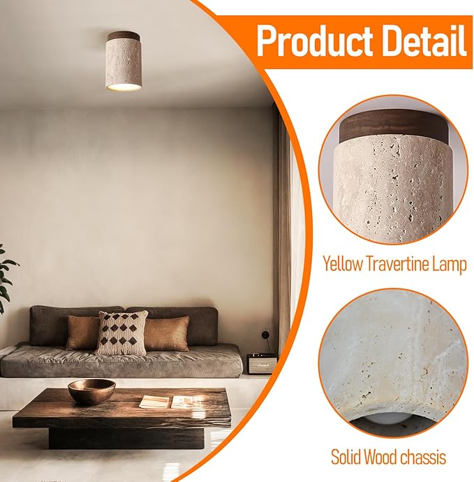 Nordic Retro Yellow Travertine Ceiling Light Fixture Japanese Wabi-Sabi Bedroom Ceiling Lights Farmhouse Flush Mount Ceiling Lighting for Hallway, Kitchen, Entryway and Foyer