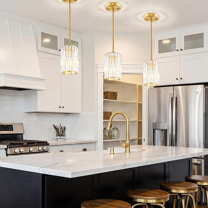 Gold Pendant Light, Modern Crystal Pendant Lights Kitchen Island, Kitchen Island Lighting with Adjustable Height, UL Certified Island Lights for Kitchen Dining Room Bedroom Hallway 1 Pack