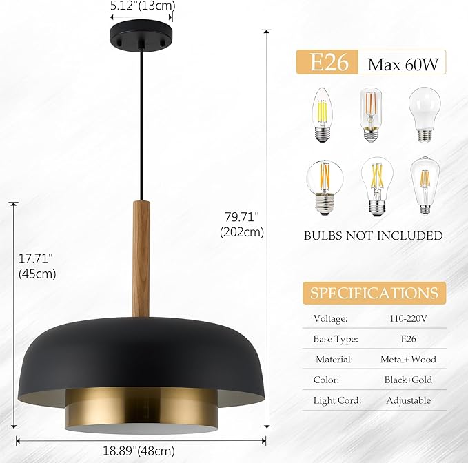 Mid Century Large Pendant Lighting,18.8 inch,Double-Layer,Real Wood Accent,Black and Gold Modern Chandelier for Dining Room,Kitchen, Living Room