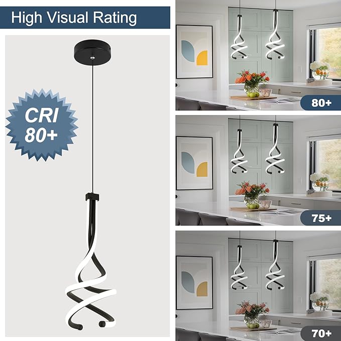 EIDISUNY Modern Pendant Light, Spiral LED Pendant Light Fixture, 4500K LED Hanging Lamp, Black Chandelier Lights Fixture, 20W Adjustable for Kitchen Island, Dining Room, Bedroom,3 Pack