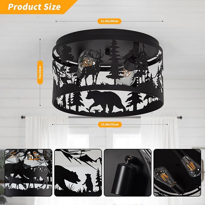 Rustic Farmhouse Flush Mount Ceiling Light with Deer & Bear Design, 2-Light E26 Round Metal Fixture for Kitchen, Bedroom, Foyer, Entryway, and Lodge (Bulbs Not Included)