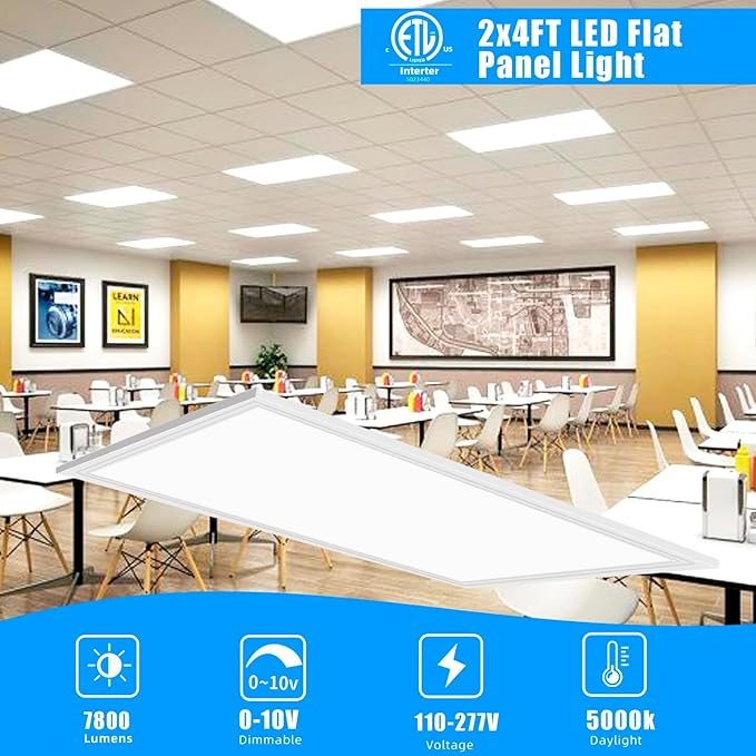 10 Pack 2x4 LED Flat Panel Light, 7800LM LED Drop Ceiling Light Office Shop Fixture, 5000K Flat Panel Lamp, 0-10V Dimmable 2x4 Recessed Edge-Lit Troffer Fixture for Commercial Office, ETL Listed