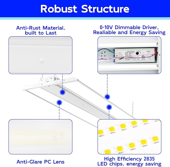 hykolity 4 Pack 4FT 250W LED Linear High Bay Shop Light, 33750LM 135LM/W, 100-277V, 0-10V Dim, 5000K Daylight Linear Hanging Light for Warehouse Workshops