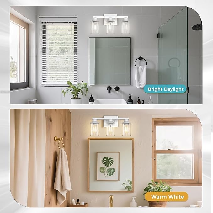 DORESshop 17 Inch Bathroom Light Fixtures, 3-Light Vintage Ivory Bathroom Lighting Fixtures Over Mirror with Clear Glass Shade, Vanity Lights for Living Room Bedroom