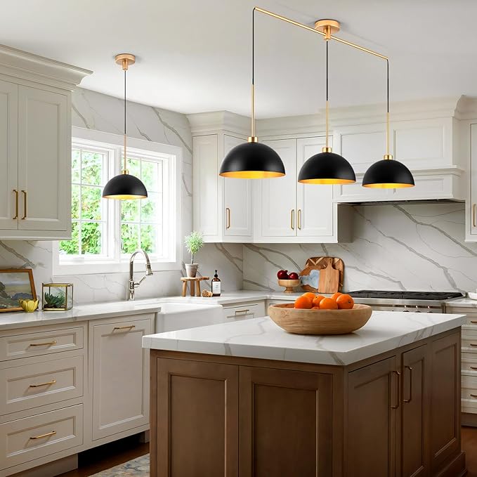 Farmhouse Pendant Lights, 3-Light Black and Gold Dome Pendant Light Fixtures,Industrial Kitchen Island Lighting for Dining Room Bar, E26 Base