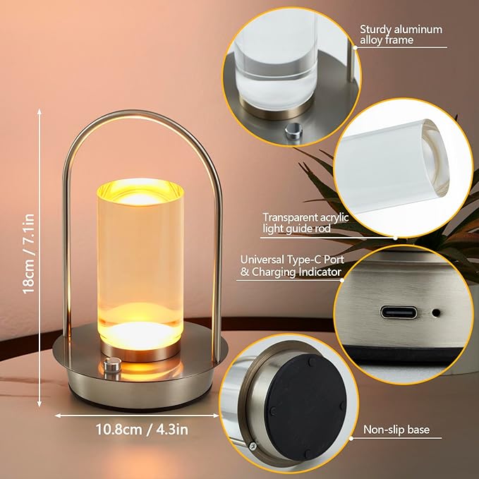 Cordless Table Lamp, 3-Color & Stepless Dimming with Touch Control, Portable Rechargeable for Outdoor Indoor Use, Water-Resistant Desk Light for Bedroom Living Room Patio (Silver)