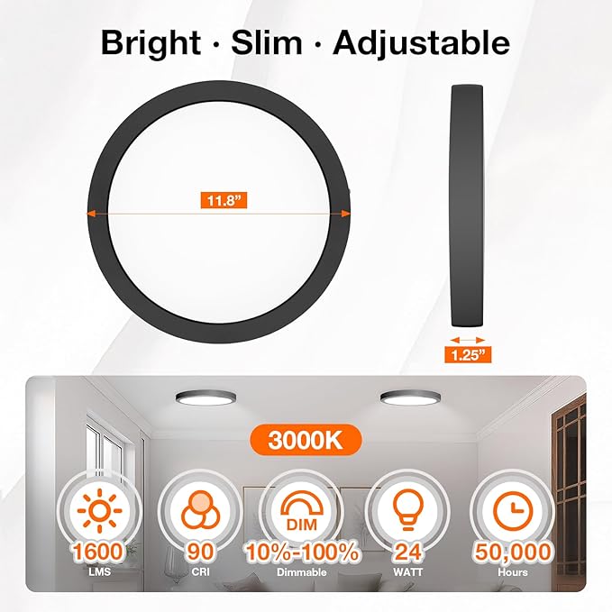 Sylvania 12" LED Flush Mount Ceiling Light Fixture, 24W, 1600 LMS, Hardwired, 3000K, Warm White, Black, LED Lights for Bedroom Kitchen Hallway Porch - 1 Pack (66459)