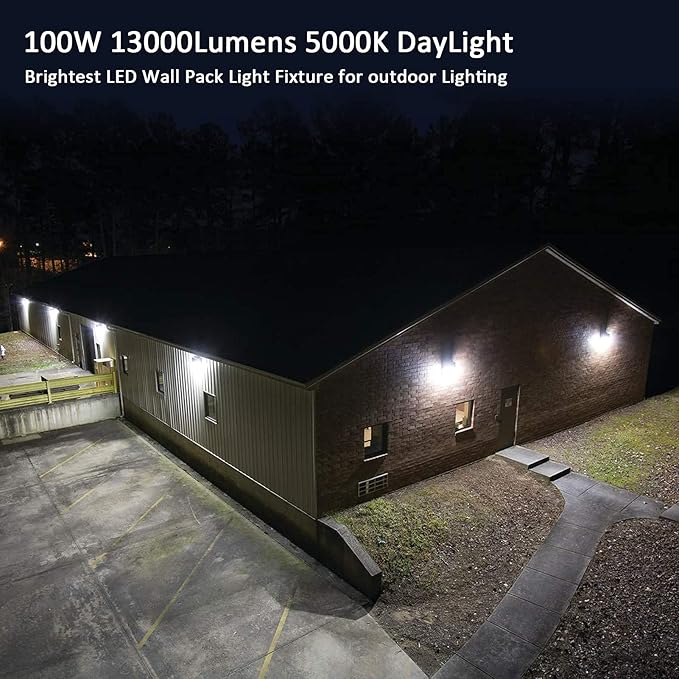 LED Wall Pack Light with Dusk to Dawn Photocell,100W 13000LM 5000K Daylight Wall Pack, AC100-277V Input,500W HPS/HID Equivalent, Waterproof Commercial Security Lighting for Warehouses, Garage, 2 Pack