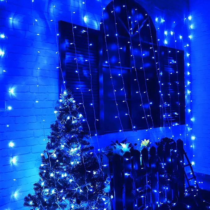 HEYFUNi Curtain Lights,304LED 9.8ftX9.8ft 30V 8Modes Safety Window Lights with Memory for Home Wedding Christmas Party Patio Lawn Garden Bedroom Outdoor Indoor Wall Decorations (304 LED, Blue)