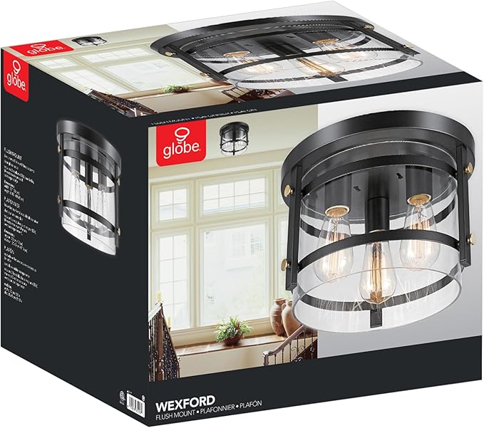 Globe Electric 60417 3-Light Flush Mount Ceiling Fixture, Dark Bronze Finish, Brass Detail, Clear Glass Shade, Modern Lighting for Kitchen, Bedroom, or Dining Room, Rustic, E26 Base