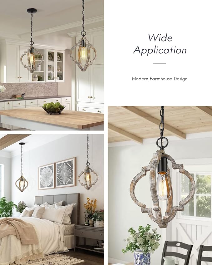 Farmhouse Pendant Lights, Wood Dining Room Light Fixtures, Adjustable Height Hanging Pendant Lights for Kitchen Island, Foyer, Entryway