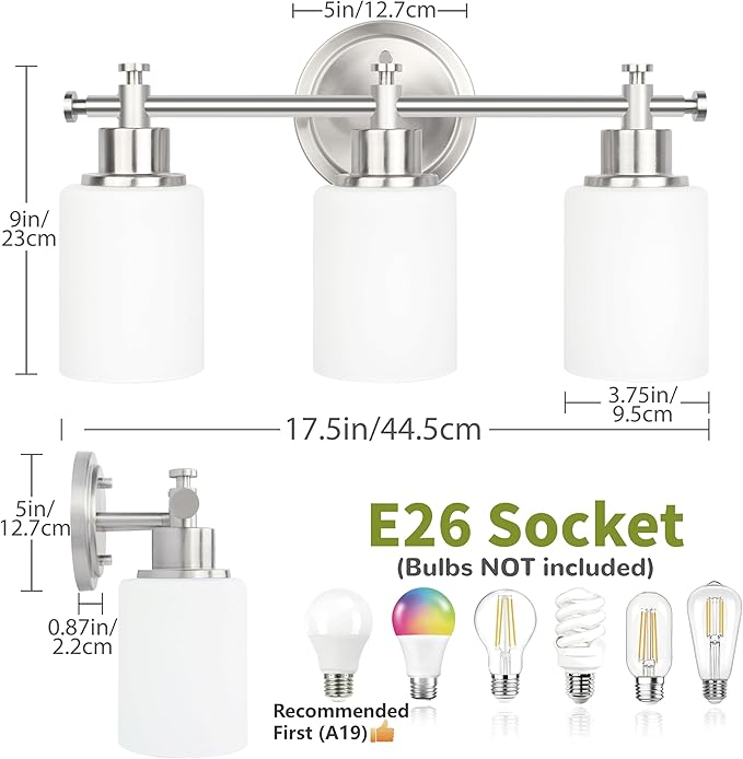 3-Light Bathroom Vanity Light Fixtures, Brushed Nickel Bathroom Wall Sconce, Modern Vanity Light with Milky White Glass Shade Over Mirror, Bathroom, Bedroom, E26 Base, 17 Inch