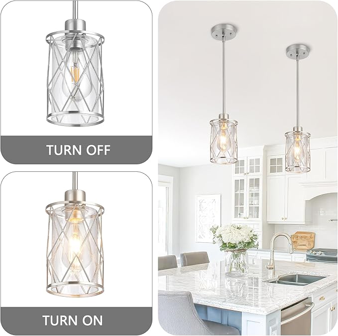 Refice Glass Pendant Lights Kitchen Island, Brushed Nickel Kitchen Hanging Light with Clear Glass, Farmhouse Cage Mini Pendant Lighting for Sink Dining Room Bedroom Bar, 1 Pack