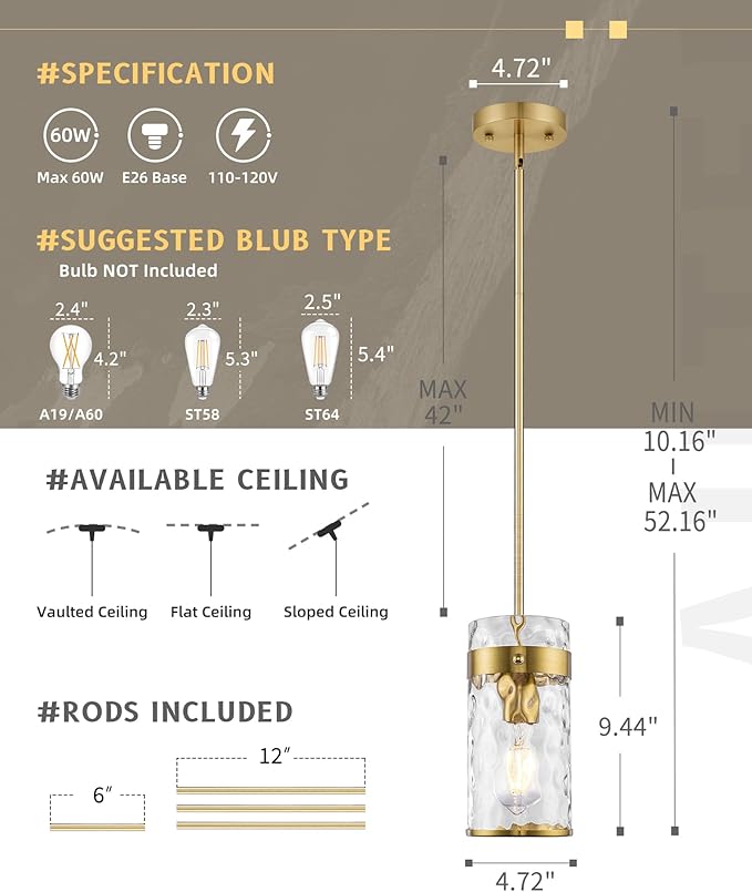 AUTELO Gold Pendant Light, 2 Pack Island Pendant Lights for Kitchen with Hammered Glass, Modern Hanging Lamp with Adjustable Rods for Dining Room Bedroom Kitchen Sink, H-2529 HMBG2PK