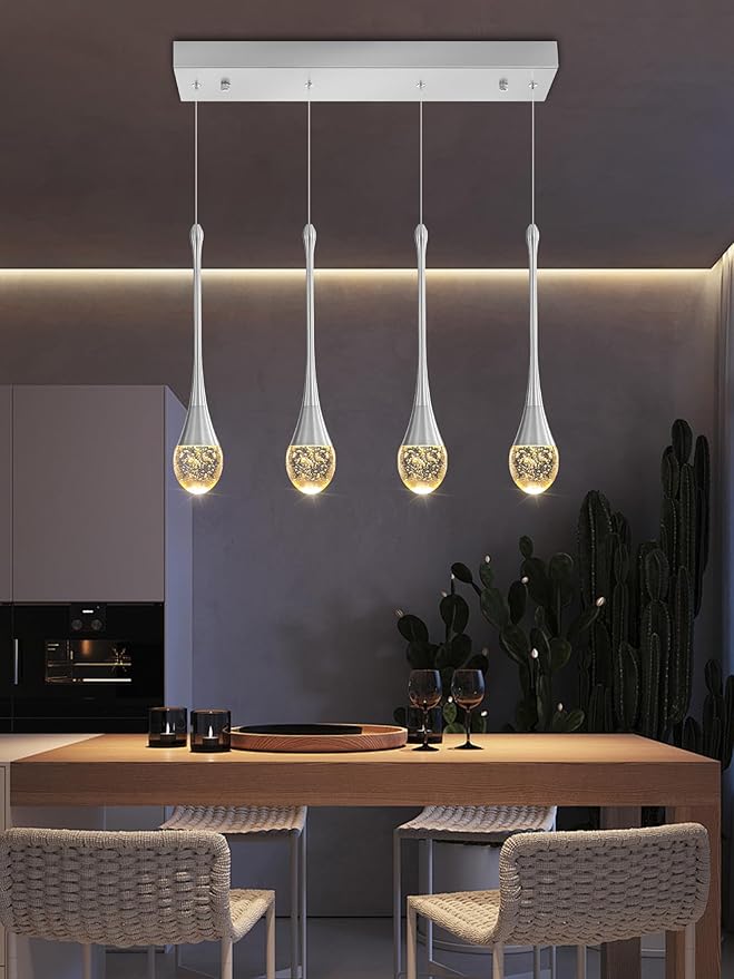 ykolupty Dining Room Light Fixture 4-Light Silver Kitchen Island Lighting Industrial Linear Crystal Chandeliers for Dining Room Pendant Light Fixture for Living Room Hallway Bedroom