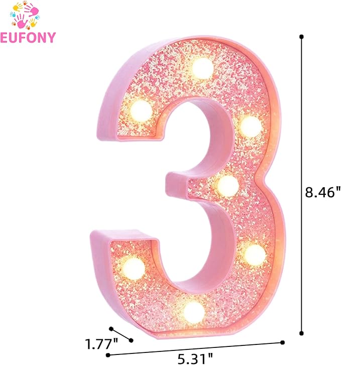 Pink Light Up Marquee Numbers, Glitter LED Number Lights Signs Battery Operated for Girls 3rd 13th 23rd Pink Birthday Party Table Decorations, 8 Inch Tall Number 3 with Warm White Lights