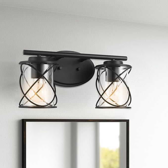 mavcadonf 2-Lights Vanity Lights, Bathroom Light Fixtures Over Mirror, Matte Black Vanity Light, Farmhouse Wall Lights with Clear Glass Shade, Bathroom Wall Lamp for Mirror Kitchen Bedroom