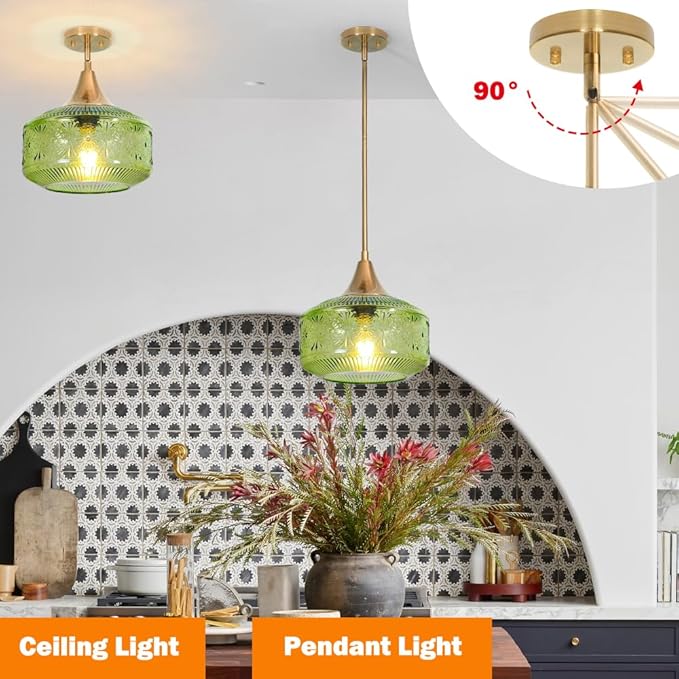 Retro Gold Pendant Light Fixtures Kitchen Island Lighting, Brass Pendant Light with Large Thickened Green Glass Globe Shade, Adjustable Hanging Light for Dining Room Bathroom Entryway, Rotation Angle