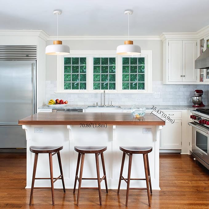 Modern Pendant Light with Real Wood Cap - 12.6” White Hanging Light Fixture for Kitchen Island, Dining Room Table - Adjustable Height Ceiling Light with E26 Socket - Scandinavian Style