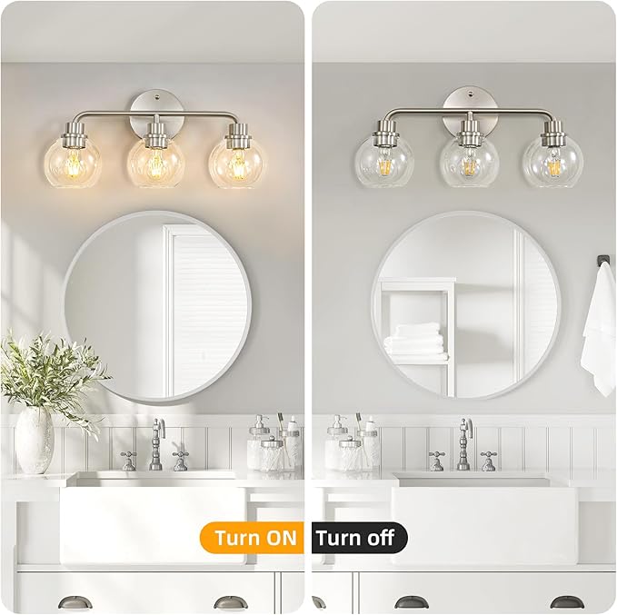 3 Light Bathroom Vanity Light Fixtures, Brushed Nickel Vanity Lights with Clear Globe Glass Shades, Modern Bathroom Lights Wall Sconce Wall Lamp for Mirror Living Room Kitchen Bedroom Hallway