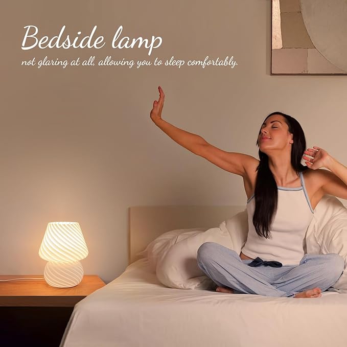 ONEWISH Mushroom Lamp-Small Bedside Table Lamp with Striped Glass, Nightstand Lamp for Bedroom, Living Room, 3000K E26 Bulb Included(White)