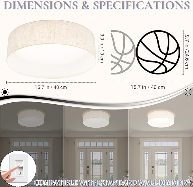Hamilyeah16 inch LED Flush Mount Ceiling Light Fixture Set of 2, Dimmable Ceiling Light with Fabric Shade 36W 5CCT, Drum Light Fixture Ceiling Mount for Bedroom, Bathroom, Living Room, Kitchen