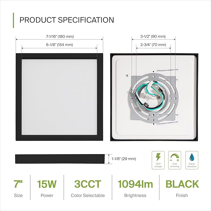 ASD LED 7" Square Flush Mount Light | 15W 1100LM 3000-5000K 120V | 3CCT, Dimmable, Ultra Slim, ETL Listed | Thin Surface Lamp, Bedroom Ceiling Lighting | Black, 12 Pack