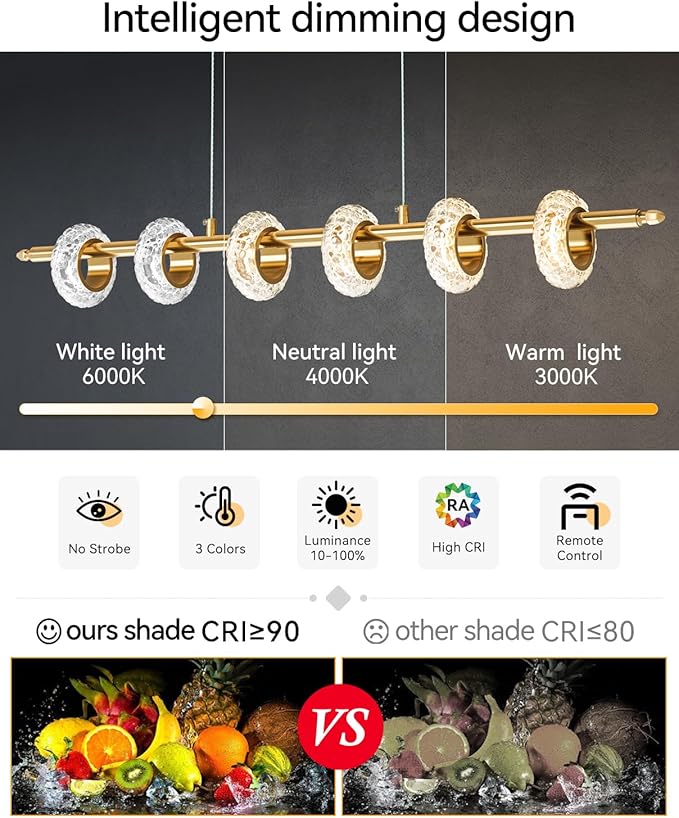 Dimmable Modern LED Chandelier with Remote Control, Crystal Dining Room Light Fixtures Over Table, 3000K-6500K Gold Linear Pendant Light for Kitchen Island