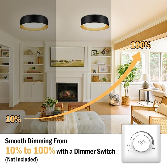 2-Pack Flush Mount Ceiling Lights, 25W LED Ceiling Light Fixtures 300W Equivalent 2600LM 5CCT Adjustable Modern Black and Gold Flush Mount Dimmable Ceiling Lamps for Bathroom Hallway Bedroom