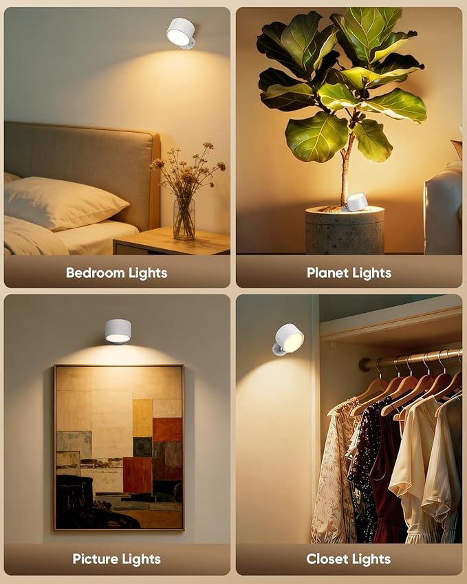 LED Wall Mounted Lights 2 Pcs with Remote, Rechargeable Wall Sconce with 3 Color Temps & Dimmable Magnetic 360° Rotation Cordless Light for Bedroom Reading Bedside (White, 2 Pack)