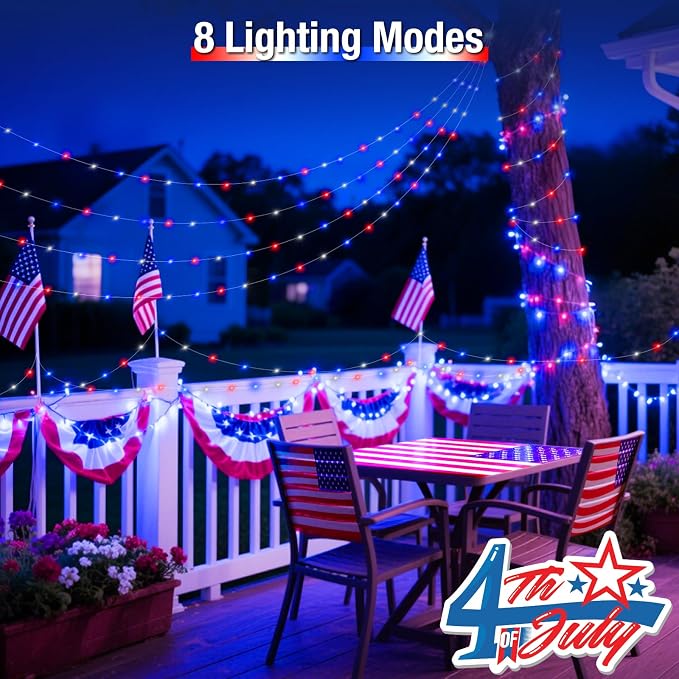 btfarm 2 Pack Red White and Blue Solar Fairy Lights, 4th of July Solar String Lights Outdoor Waterproof, 160LED 66FT Memorial Independence Day Patriotic Decorations for Outside Tree Garden Patio Yard