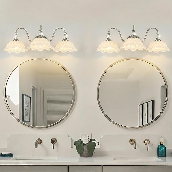 Brushed Nickel 3-Light Bathroom Vanity Light with Floral White Glass Shades, Brushed Nickel Wall Mount Lighting for Bathroom, Dressing Table