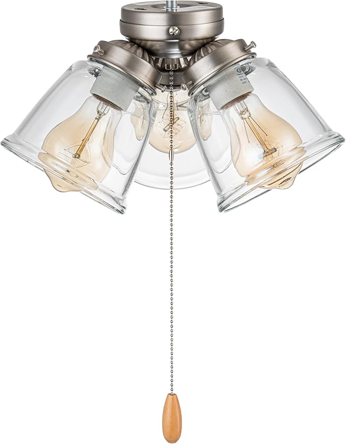Aspen Creative 22011-1, Three-Light Ceiling Fan Light Kit with Pull Chain, Brushed Nickel Finish with Clear Glass Shades, 13-1/8" Diameter x 6-3/4" Height