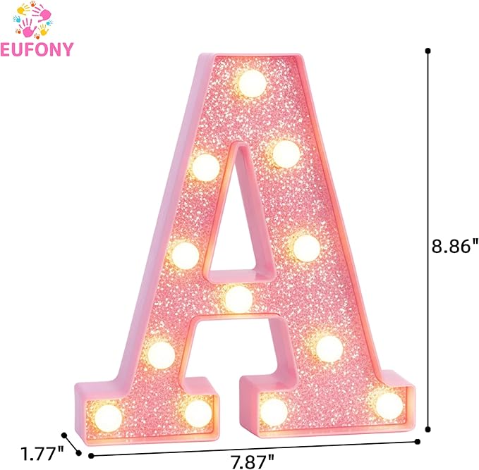 Pink Marquee Light Up Letters, Glitter Alphabet LED Letter Lights for Pink Birthday Party Decorations, Battery Operated Letter Sign for Girls Room Vanity Table Decor, Warm White Lights Letter A
