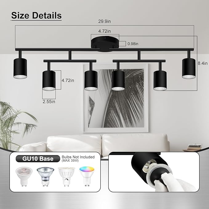 AUQUEE 6 Light Track Lighting Fixtures Ceiling, Matte Black Kichen Track Lighting Fixtures with Rotatable Light Heads, Upgrade Light Poles, Modern LED Sopt Lights for Kitchen/Hallway, No GU10 Bulb