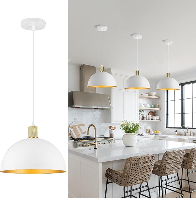 White Gold Pendant Lights Kitchen Island, 11.8" Modern Dome Pendant Light Fixtures Farmhouse Hanging Lights for Dining Room Hallway Sink Entryway