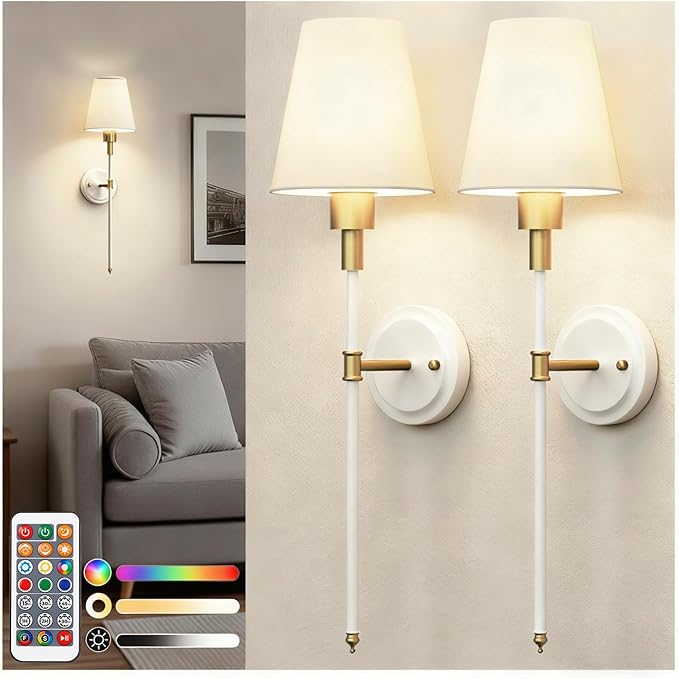 DORESshop Battery Operated Wall Sconce Set of 2, Wireless Wall Light Easy to Install, 7 Color Rechargeable Wall Sconces, Sconce Wall Decor Set of 2 for Bedroom, Living Room, Gold and White, 24.6in