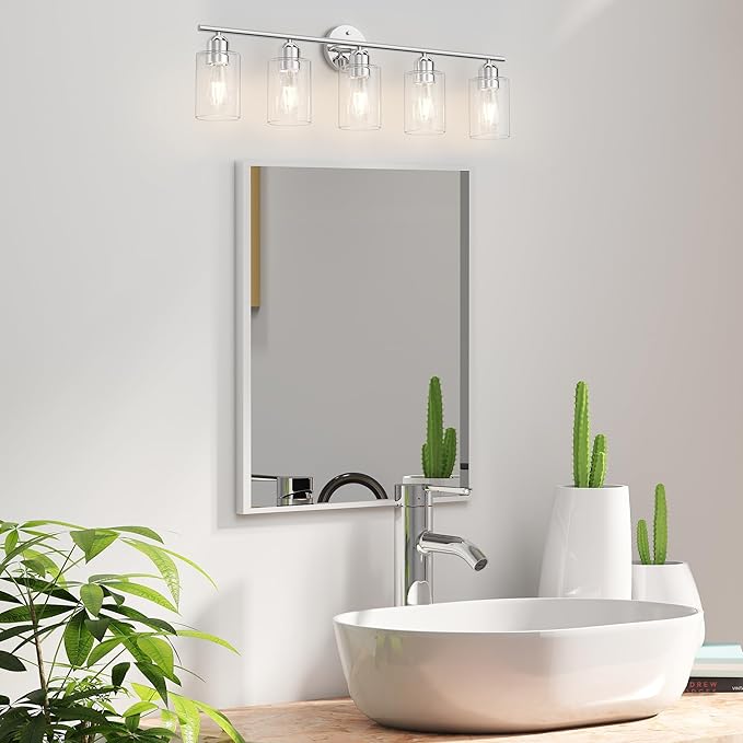 Espird Bathroom Vanity Light Fixtures Polished Chrome Bathroom Lighting Fixture, 5 Lights Bathroom Light Fixture Over Mirror, Modern Black Vanity Light, Wall Sconces with Glass Shades