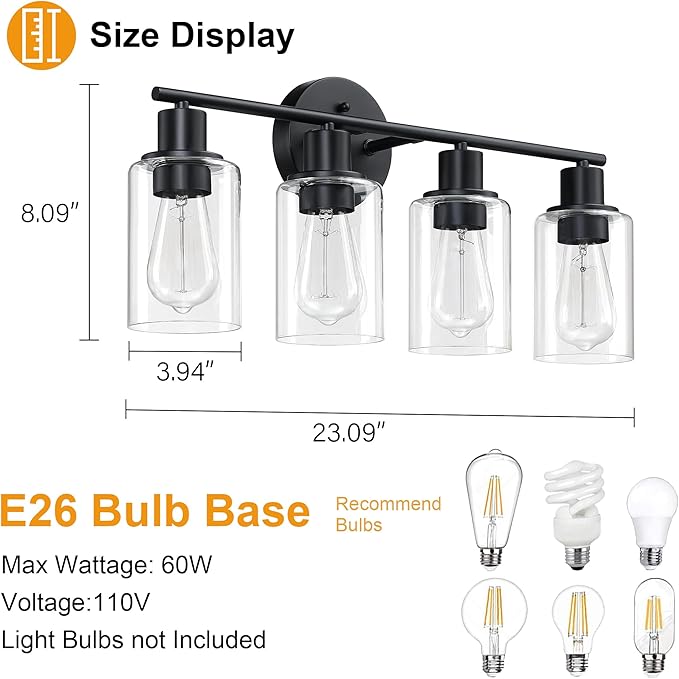 Pia Ricco Bathroom Vanity Light Fixtures, 4-Light Black Vanity Lights with Clear Glass Shades, Modern Wall Sconces Over Mirror, Bath Wall Sconces for Mirror Living Room Bedroom Hallway
