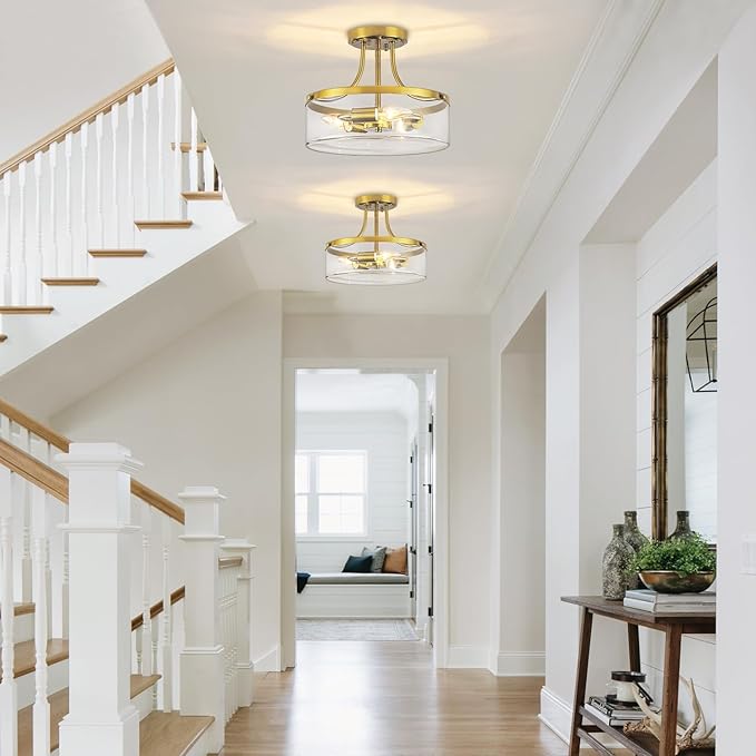 Brushed Gold Semi Flush Mount Ceiling Light, 11.81" Kitchen Lighting Fixtures Ceiling with Glass Shade, 3-Light Modern Hallway Light Fixtures for Entryway Bedroom Bathroom Foyer Laundry Dining Room