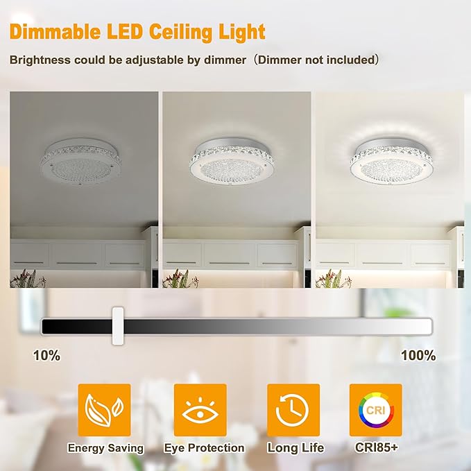 Crystal Ceiling Light Fixture 11" LED Crystal Bathroom Ceiling Light Fixtures Semi Flush Mount for Kitchen, Entryway, Foyer, Bathroom, Laundry Room, Cloakroom, Hallway 4000K (Dimmable)