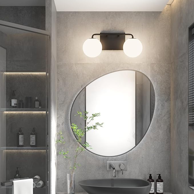 Tipace 2 Lights Mid Century Vintage Bathroom Vanity Light Fixtures Over Mirror Black Industrial Vanity Lights with Milk White Glass Globe Farmhouse Bath Lighting(Exclude Bulb)