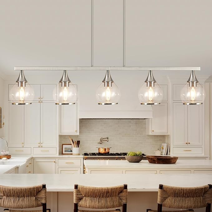 Island Light for Kitchen, 5-Light Brushed Nickel Kitchen Island Linear Hanging Pendant Chandeliers, Brushed Nickel Dining Room Light Fixture Over Table with Clear Round Glass Shades