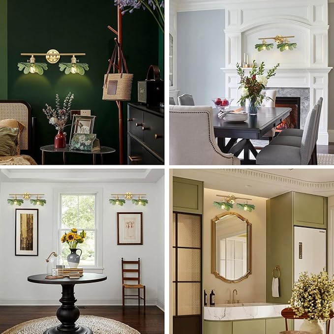 Green Bathroom Vanity Lights Over Mirror, 2 Light Vintage Wall sconces with Glass Shade Bathroom Sconce mid Century Wall Sconce Light Gold Wall Lighting Fixture for Bedside Bedroom Doorway