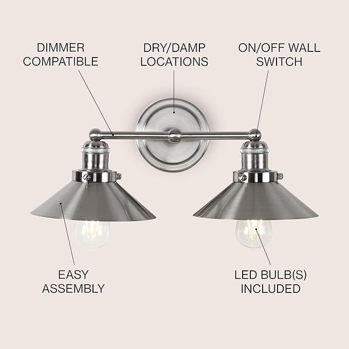 JONATHAN Y 17.5" Nickel 2-Light Industrial Farmhouse Metal Vanity Light Wall Sconce, Metal Shade for Bathroom Mirror, Kitchen, Entryway, LED Bulb Included (JYL7427B)