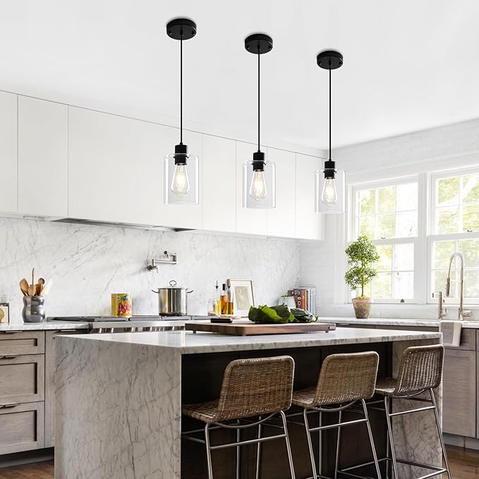 2 Pack Black Pendant Lights Kitchen Island, Modern Glass Pendant Lighting Over Island Kitchen Hanging Bathroom Ceiling Light Fixtures Adjustable Pendant Lights for Dining Room Hallway Bedroom
