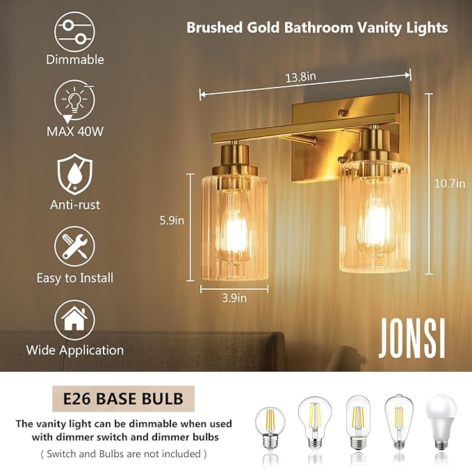 Jonsi Gold Bathroom Light Fixtures, 2 Light Brushed Gold Vanity Lights With Fluted Glass Shade, Modern Lights Over Mirror, Vanity Lighting Fixtures