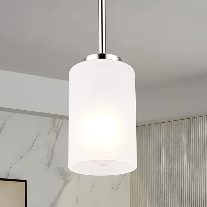 2 Pack Pendant Light Fixtures, Adjustable Brushed Nickel Hanging Ceiling Lights with White Frosted Glass Shades, House Indoor Light for Kitchen Island Bedroom